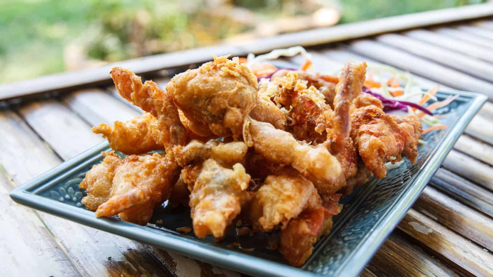 Fried crab on a plate outside