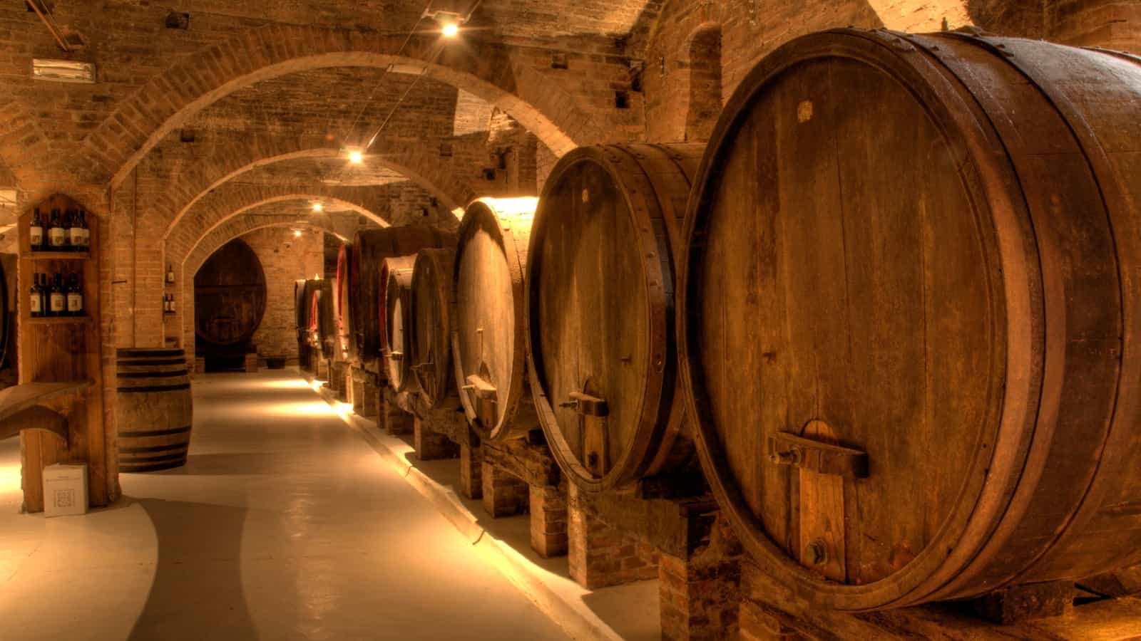Large barrels of wine in the cellar of the winery