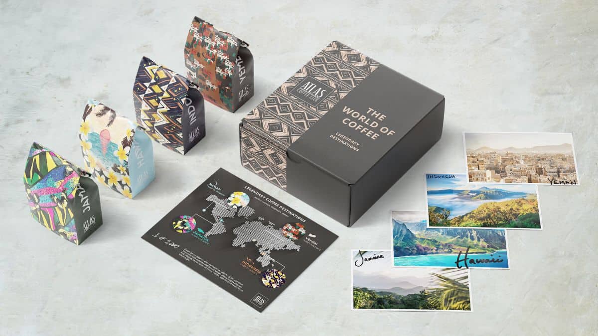 Legendary Destinations coffee gift box from Atlas Coffee. Coffees from Jamaica, Hawaii, Yemen, and Indonesia with accompanying postcards.