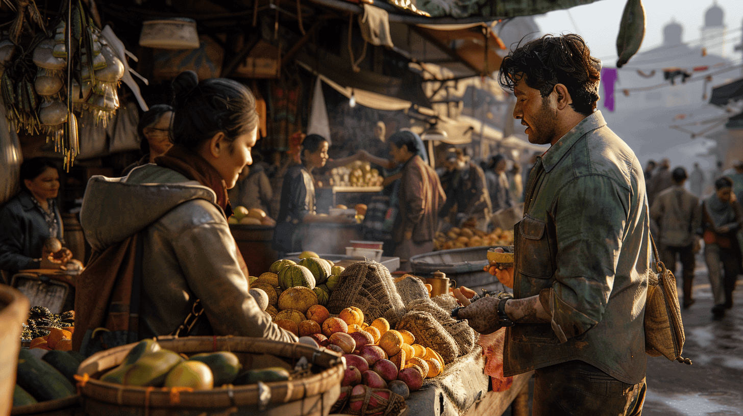 a man at the market chooses fruit