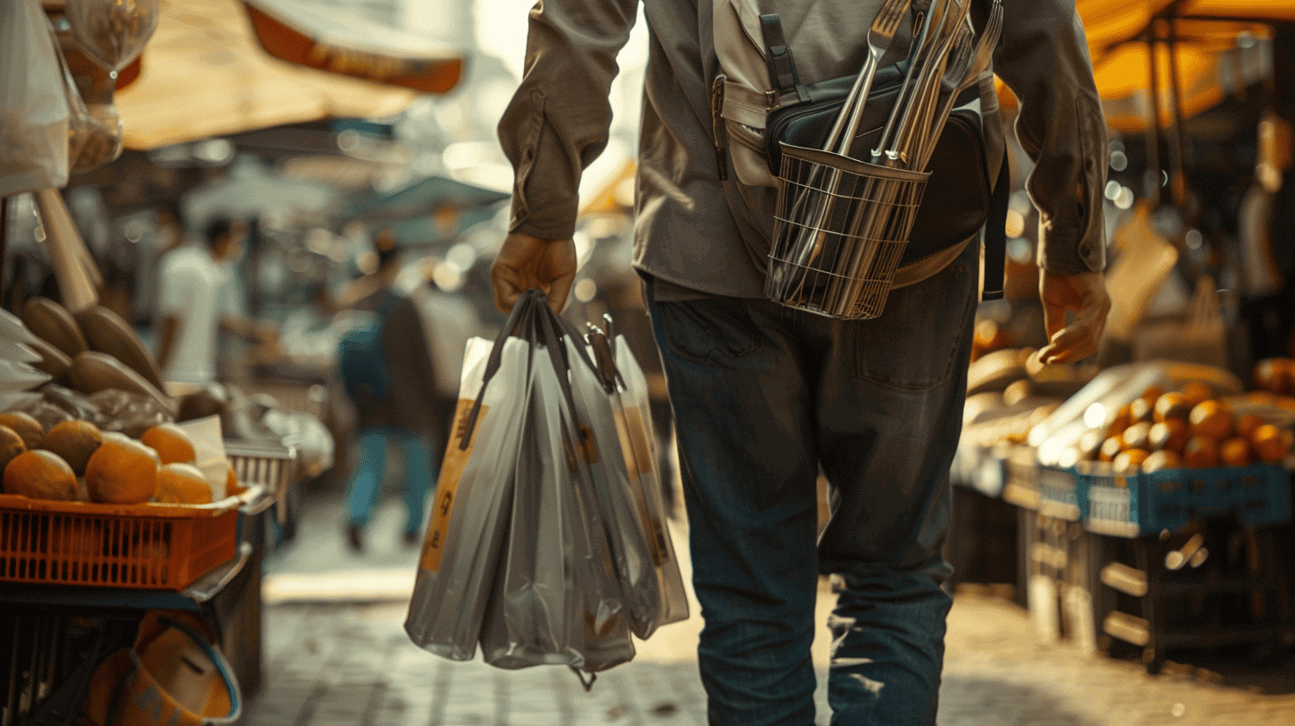 12 Tips for Traveling Sustainably and Reducing Your Carbon Footprint 11 a man with packages walks through the market