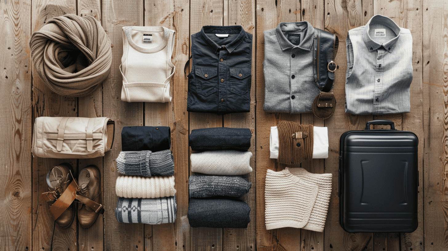 12 Tips for Traveling Sustainably and Reducing Your Carbon Footprint 4 sets of clothes laid out in a row