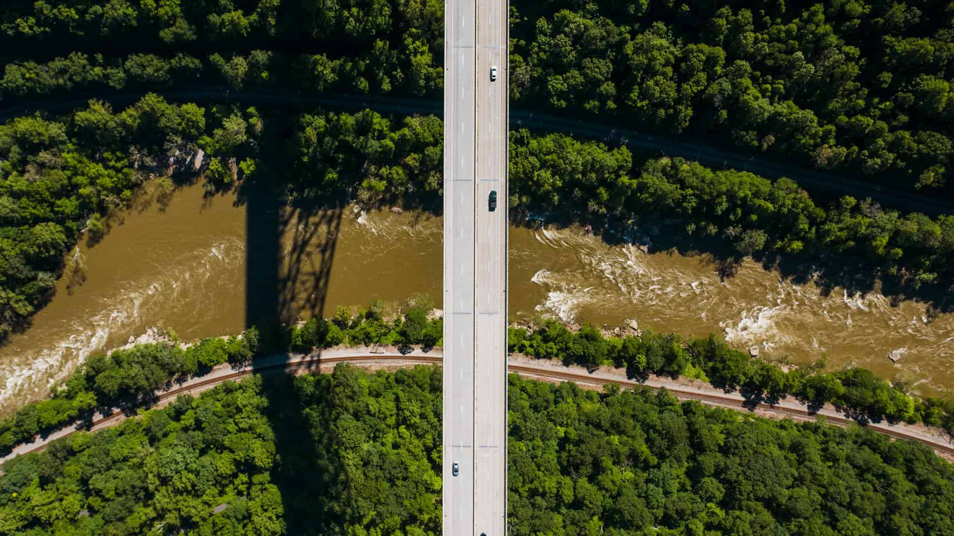 Drone view of wild brown river flowing among green lush forest under modern suspension bridge with driving cars