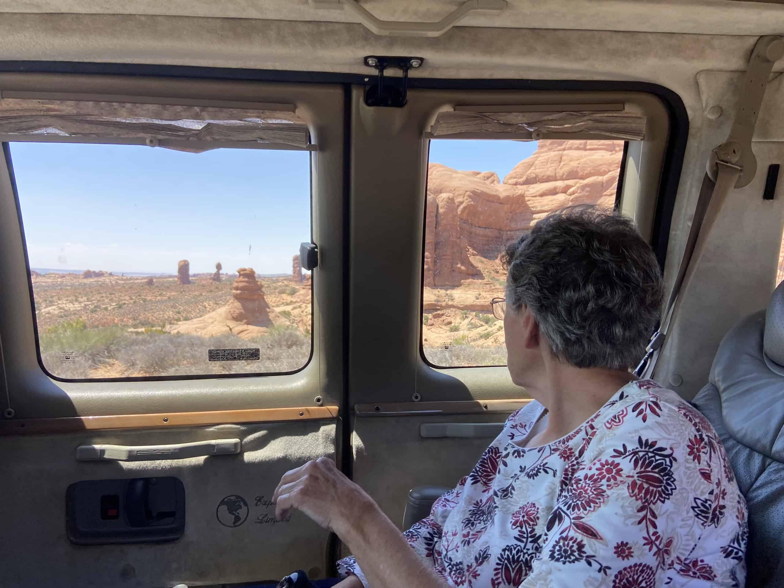 We’ve Been to Arches Five Times — Here’s Why We Never Get Tired of It 3 View of Arches red rock from inside the Monster Van