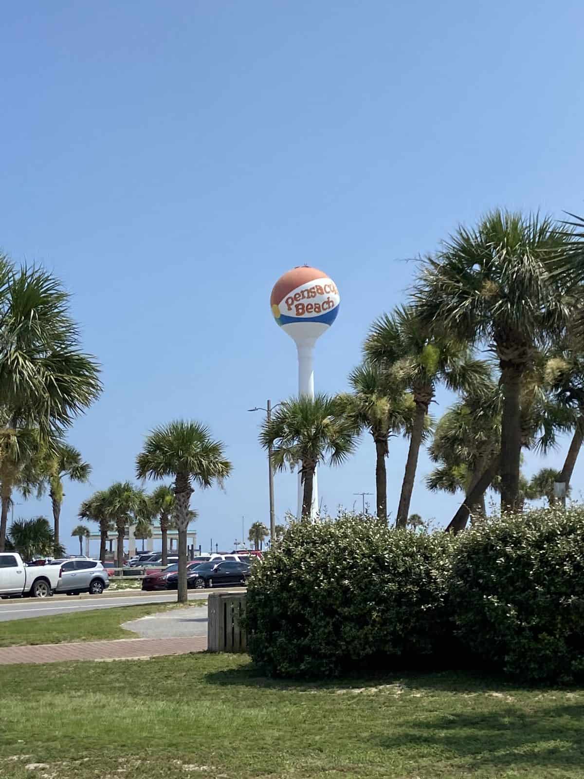 A sunny coastal scene with a palm tree-lined park, a water tower, and a grassy area under a clear blue sky.