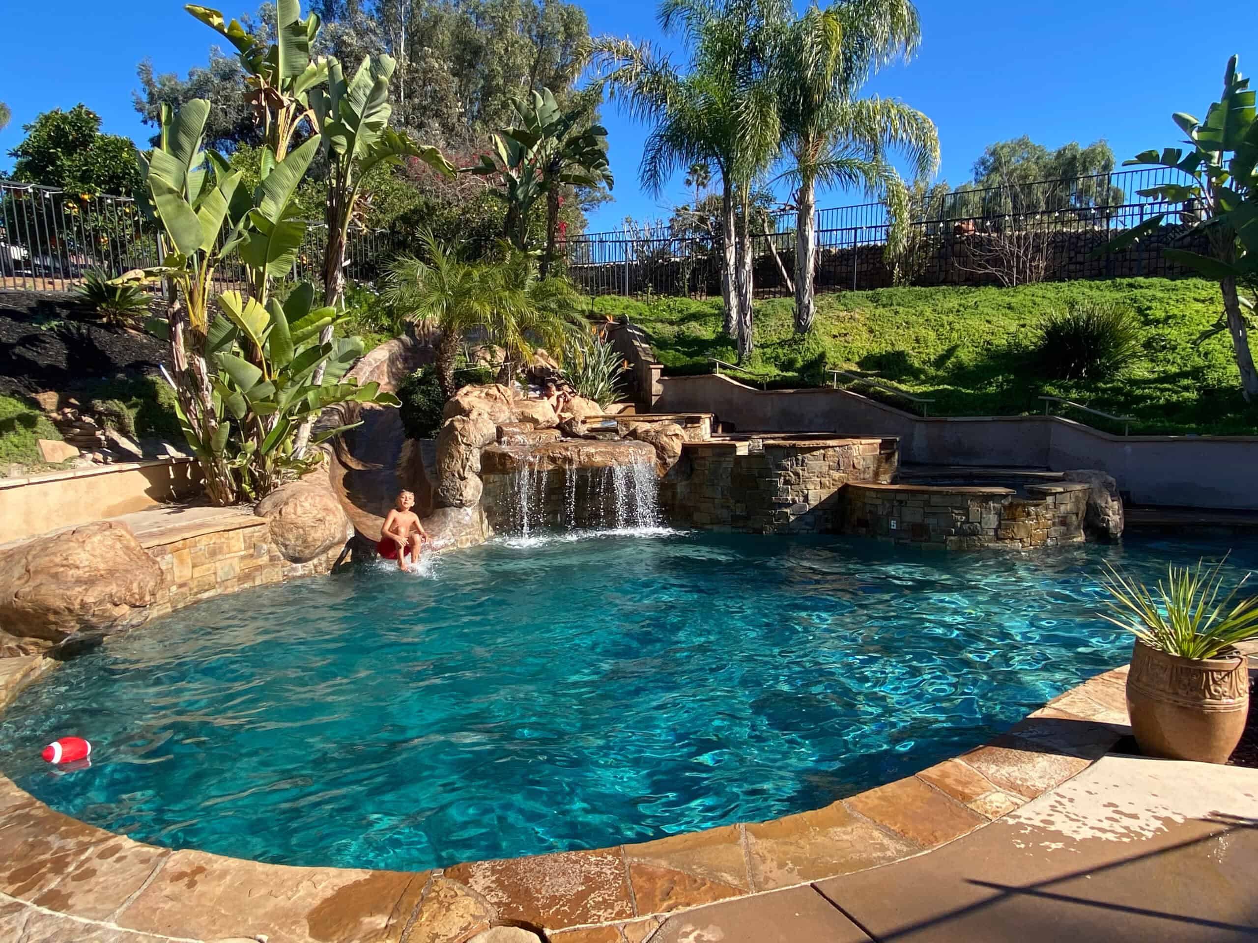 An afternoon at a pool with palm trees and a waterfall