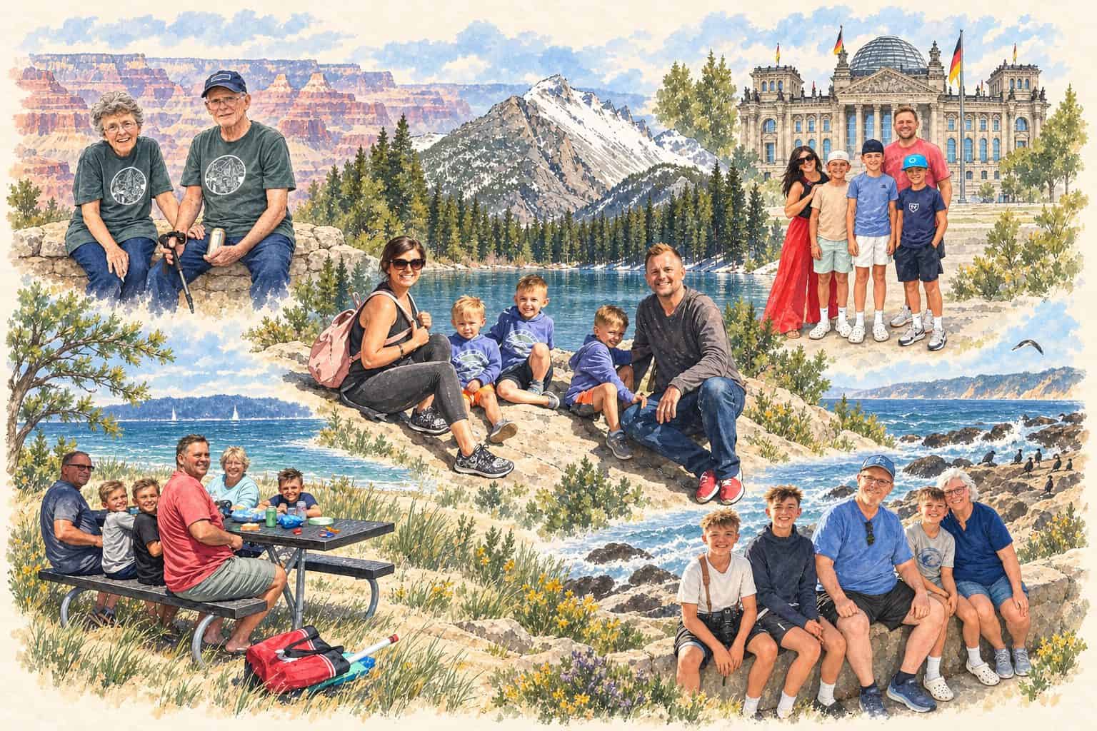 Illustrated family travel collage combining our first mountain trip, Grand Canyon grandparents, Michigan picnic, Berlin and California coast memories.
